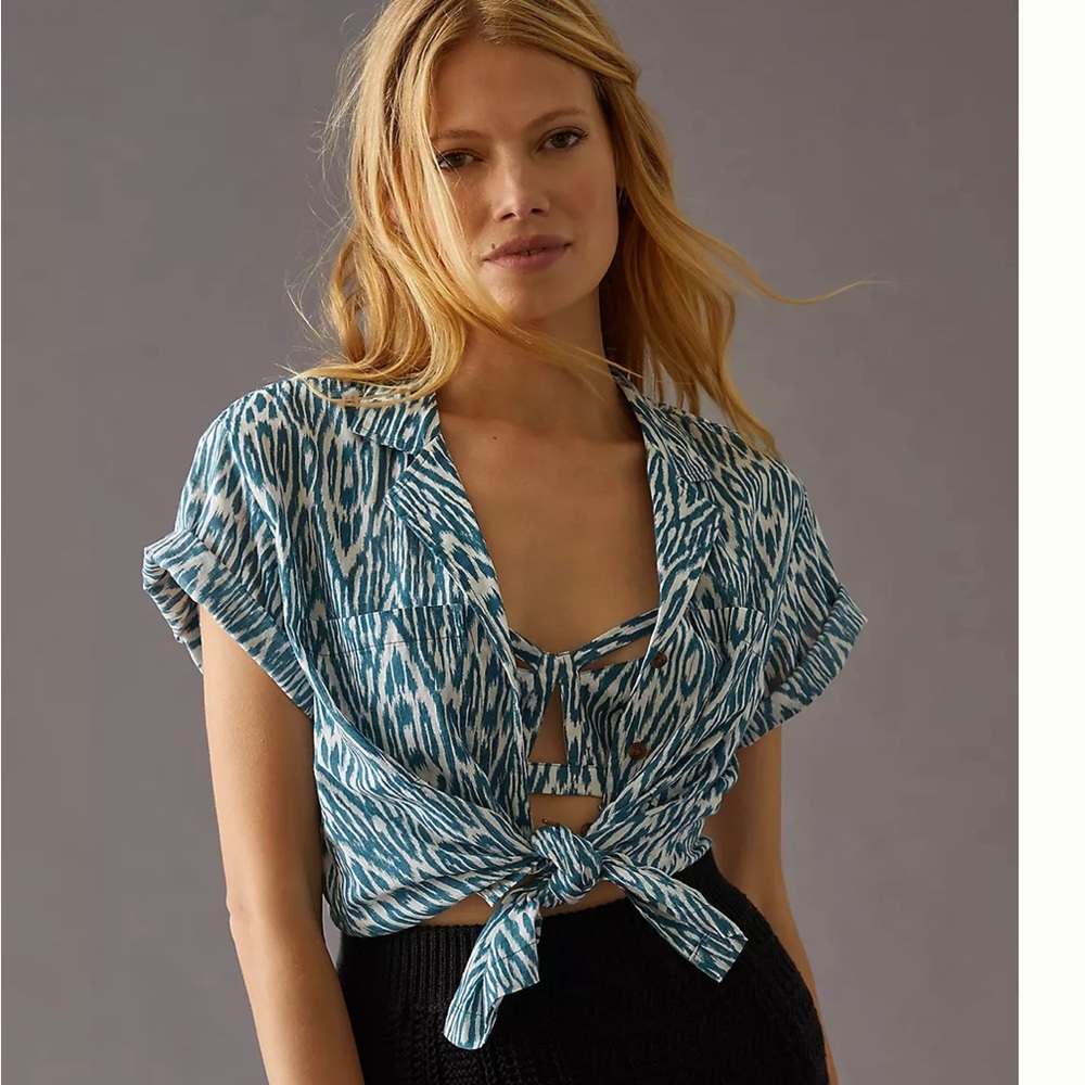 NEW: Anthropologie Pilcro Printed Voile Surf Shirt, Blue Ikat Color, Size Small